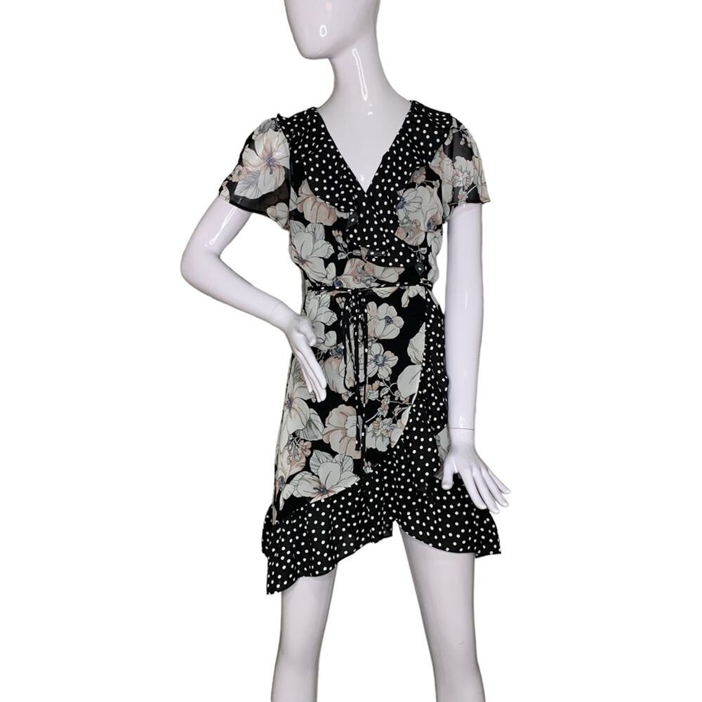 Lulus Lesley Black Print Ruffled Wrap Dress Size Small